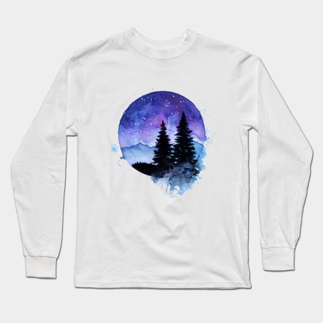 Watercolor Starry Night Long Sleeve T-Shirt by ArtsyDenise